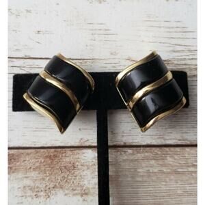 Vintage Clip On Earrings - Large Stylish Black & Gold Tone Statement 1.25"